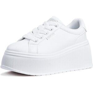 Lucky Step Women White Platform Low Top Classic Wedge Retro Canvas Sneakers